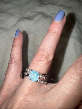 Bomb Party Light Blue Cushion-Cut Ring with Pavé Silver Band - Women Jewelry